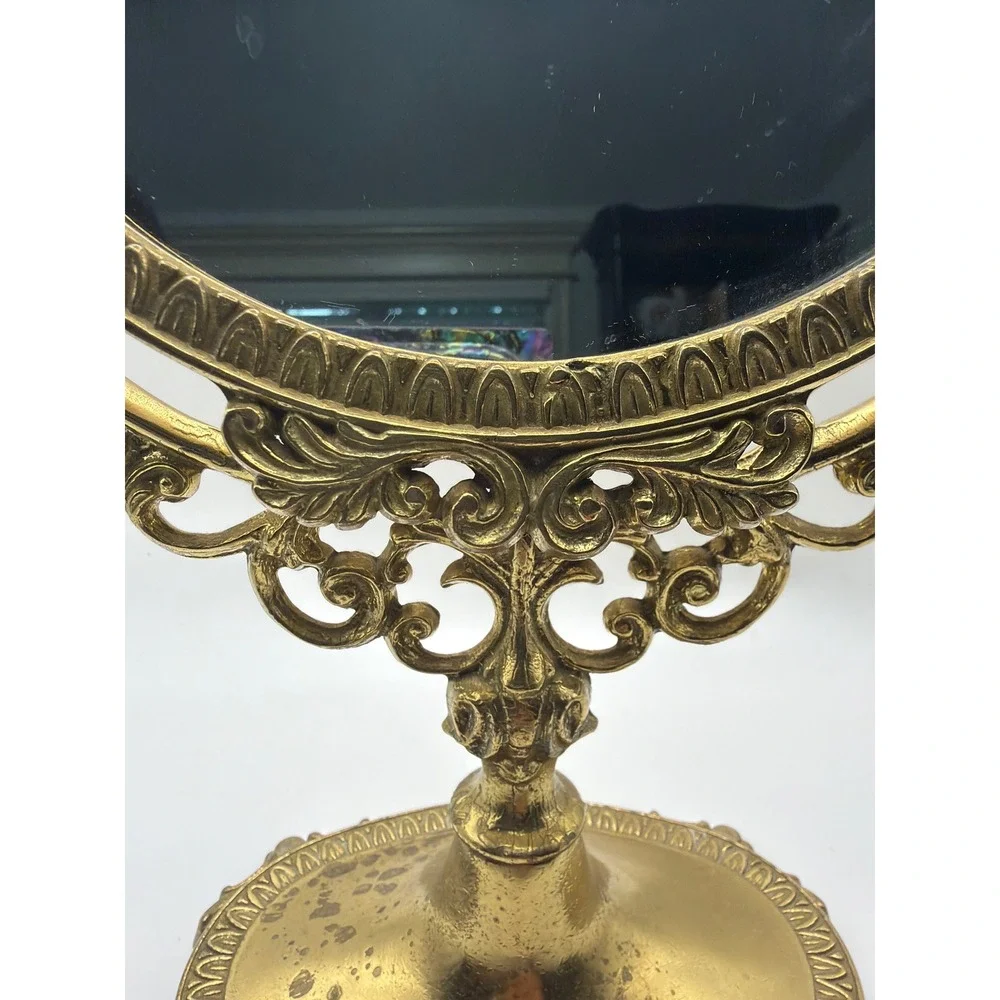 Vintage Brass Ornate Tabletop Vanity Mirror Swivel Oval Pedestal Victorian Style